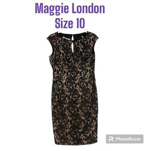 Maggie London Form Fitting Knee Length Black Lace Over Nude Lining Size 10